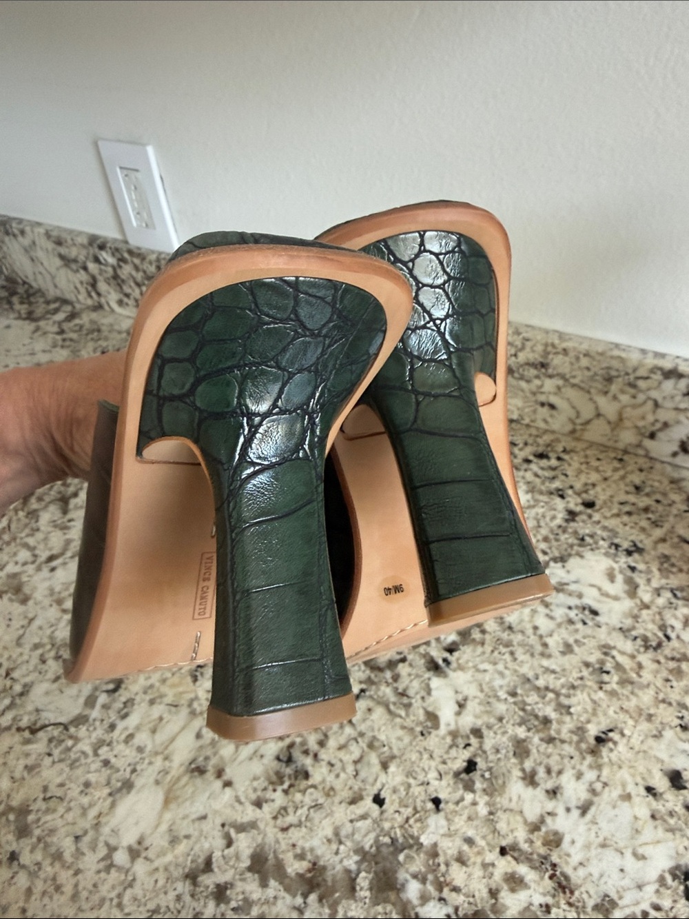 Vince Camuto Dark Green Croc-Embossed Leather Mule Heels - Picture 6 of 7
